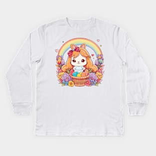 Easter Bunny Girl In Basket. Spring Flowers and Easter Eggs, Rainbow Kids Long Sleeve T-Shirt